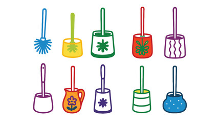 A colorful illustration of various toilet brushes and holders