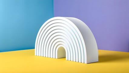 A curved white gypsum form with repeating wavy relief stands on a yellow surface against a soft blue to violet gradient background, a minimal abstract composition for modern design and product mockups