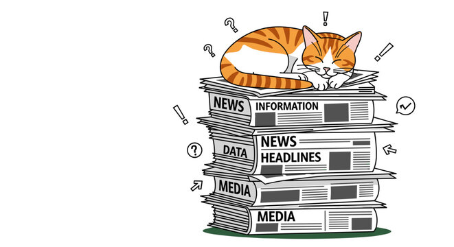 Cartoon Cat Nap on News: Editorial Illustration of Cute Orange Cat Sleeping Peacefully Atop Stack of Newspapers, Isolated on transparent background for Media Use, Print & Design.