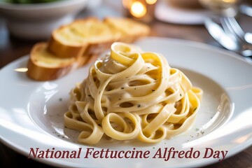 National Fettuccine Alfredo Day Celebration with Creamy Pasta Served on Elegant White Plate