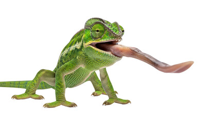 Fototapeta premium Green Veiled Chameleon catching prey with long tongue, side view, isolated on white