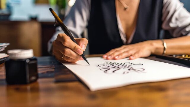 Artist's hand meticulously creating elegant calligraphy on paper with ink.