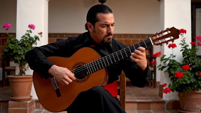Handsome flamenco guitarist playing classical guitar in courtyard