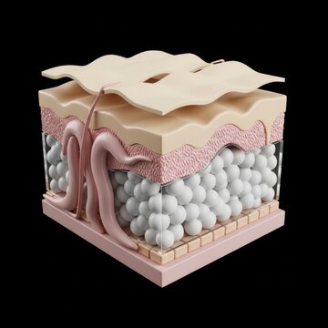 Anatomical model of human skin layers with hair follicles and sebaceous glands