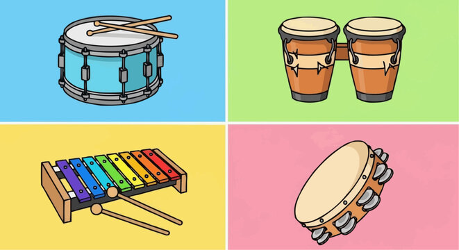 Vibrant collage of various percussion instruments displayed on colorful backgrounds