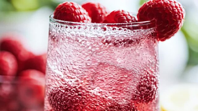 Sparkling Raspberry Lemonade Drink with Fresh Fruit and Ice, Perfect for Summer Refreshment
