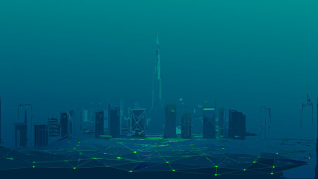 Abstract digital cityscape featuring the burj khalifa and network connections