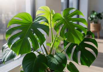 Monstera plant with large green leaves in a well-lit interior space during daylight hours