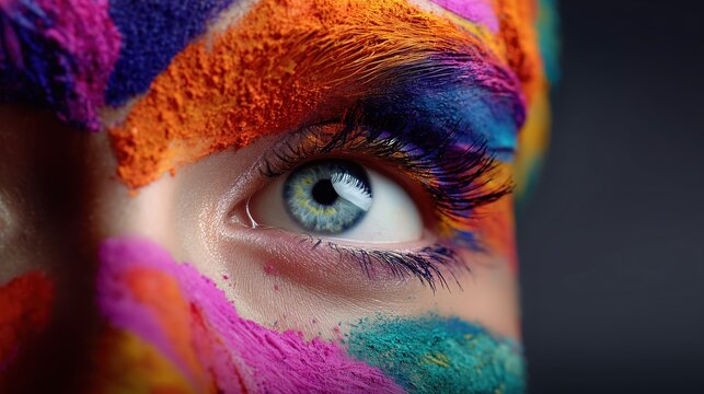 Creative macro portrait of a woman&rsquo;s eye covered with vibrant paint strokes, symbolizing art, imagination, self expression, creativity, and modern visual culture