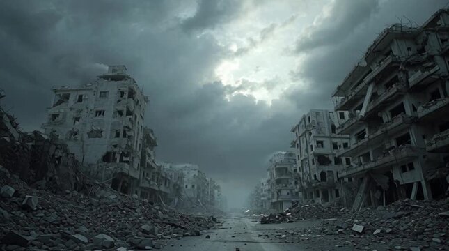 Abandoned Cityscape with Damaged Buildings and Debris.