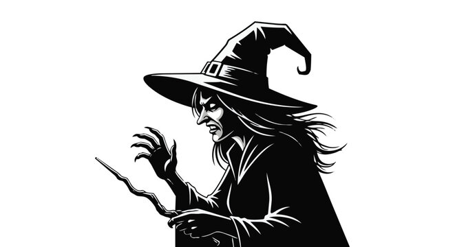 Black silhouette of a witch in a hat casting a spell