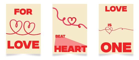 Set of three romantic cards with red 3D heart lines and bold typography for Valentine's Day
