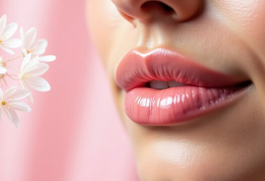 Natural women's lips with a soft pink tinted lip balm, smooth and moisturized texture, and a healthy glow.