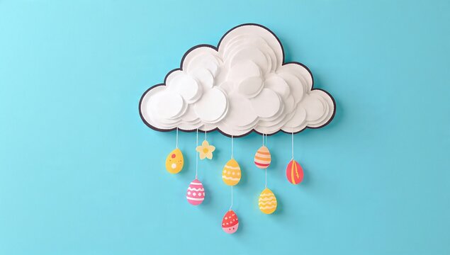 Pop Art Cloud Raining 3D Paper Easter Eggs & Flowers | Spring Weather Forecast Concept | Pastel Blue Paper Texture Background