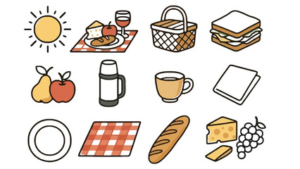 A colorful illustration of a picnic setup with various food items and a sunny atmosphere