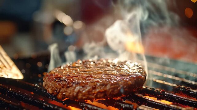 Grilling Juicy Beef Patty Over Flames, Sizzling on Hot Barbecue Grid