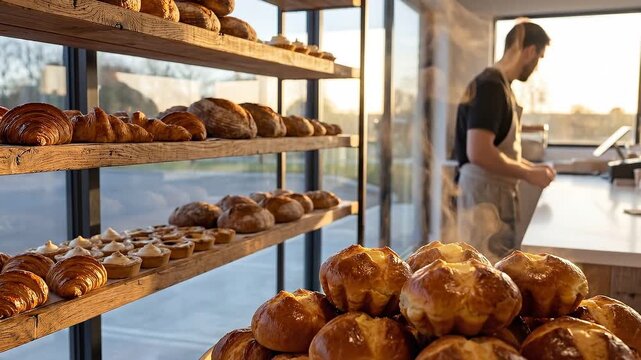 Golden croissants glow under soft morning light as steam rises gently 