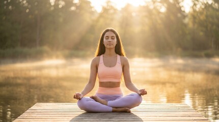 Fototapeta premium Young athletic woman in lotus pose meditating on a misty lake dock at 