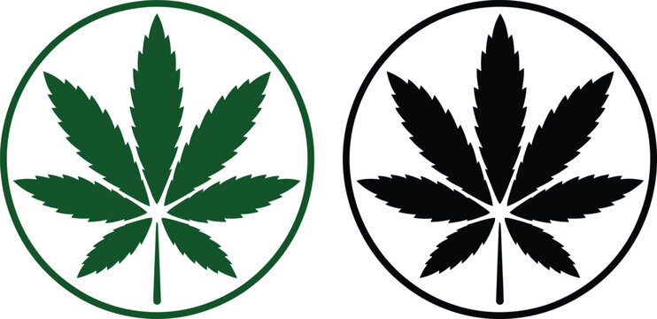Two cannabis leaf illustrations in circular frames, one green and one black