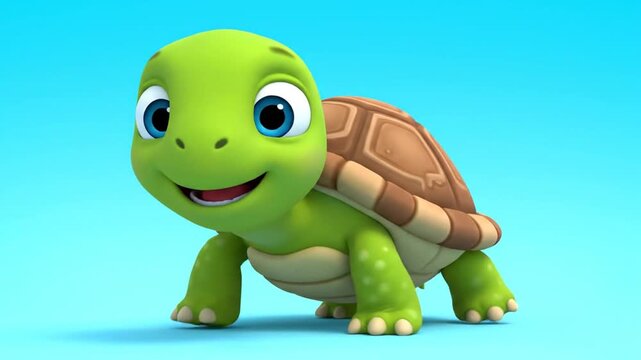 A 3D animated green turtle character with a big smile on a blue background in a promotional video