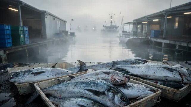 Medium shot of fresh whole fish arriving at a foggy dock soft diffuse lighting highlighting the chilled receiving bays and the quiet misty environment of early morning catch