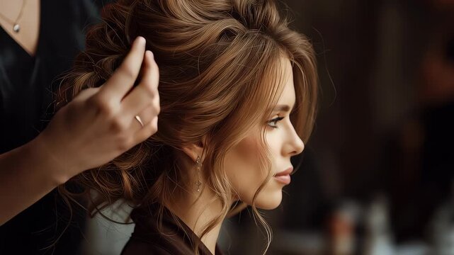 Hair stylist creating elegant updo hairstyle for woman in beauty salon, close view of professional hair styling process