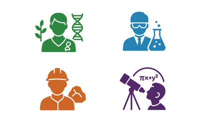 A colorful illustration of various professionals in different fields of science and industry