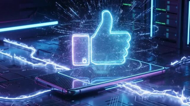 Futuristic glowing neon thumbs up icon projecting from smartphone in digital technology context