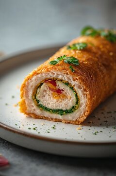 Chicken ballotine presented with refined culinary craftsmanship in clean minimalist food composition
