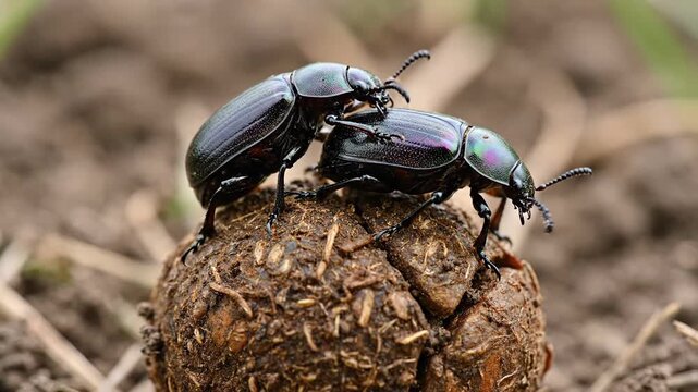 Two Shiny Black Dung Beetles Mating Atop a Carefully Crafted Ball in the Earthy Ground