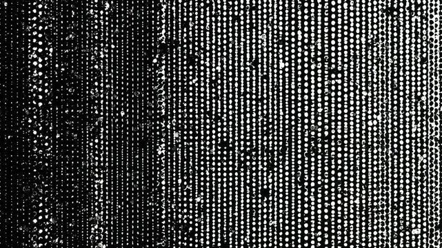 A stark abstract image, black and white, featuring varying dot patterns and vertical lines