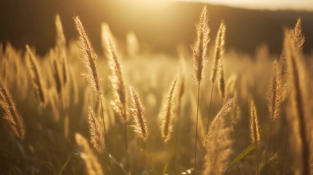 Golden wheat field at sunset, with warm sunlight shining through feathery plumes, in a serene natural landscape