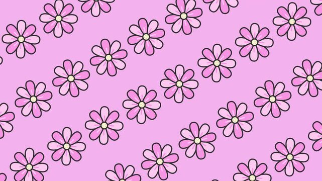 Seamless floral pattern with pink daisy blossoms on a light pink background animation. Horizontal spring banner with hand-drawn pink flower icons repeated. Botanical wallpaper for a feminine backdrop.
