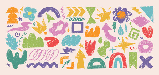 Fototapeta premium Playful hand drawn abstract organic shapes, silhouettes, doodles with crayon texture. Cute naive symbols, squiggles, colorful geometric kids elements, contemporary figure art. Children design stickers