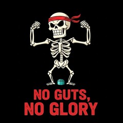 Flexing skeleton wearing red headband with text 'No Guts, No Glory', vector flat illustration
