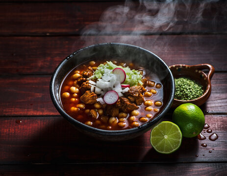 Traditional Mexican Pozole Rojo soup with shredded pork, radish and lime on rustic background