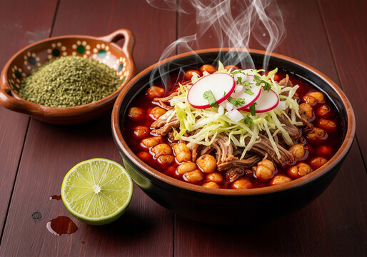 Traditional Mexican Pozole Rojo soup in clay bowl with steam, fresh radish and lime on dark wooden table