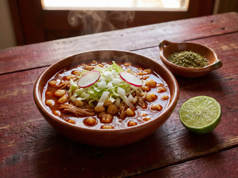 Traditional Mexican Pozole Rojo soup in clay bowl with steam, radish, cabbage and lime on rustic wooden table