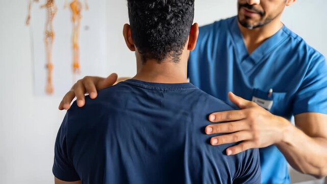 Therapist gently massages patient's shoulders and neck, easing tension. Close-up.