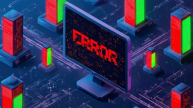 Futuristic cityscape, screen displaying "ERROR" with red buildings, circuits, and neon lights
