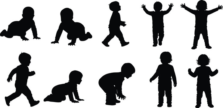Silhouettes of baby and toddler growth stages, showing crawling, standing, and walking positions, isolated on white background, representing child development and early childhood milestones