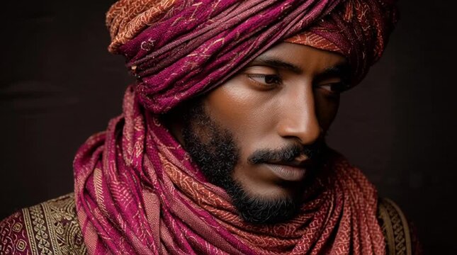 Man Wearing Traditional Red Turban Portrait.
