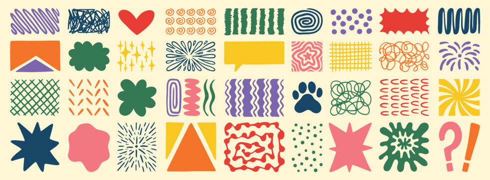 Retro shapes elements set. Abstract paw, star, flower, shapes and stickers. Groovy funky bubble, star, print, lines, waves. Trendy retro 60s, 70s or 90s cartoon colorful style. 