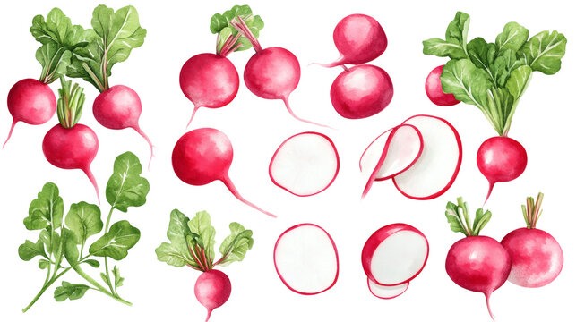 Watercolor set of fresh red radishes with leafy tops and sliced rounds, isolated on black background, botanical illustration for food, cooking, healthy eating, and gardening themes.