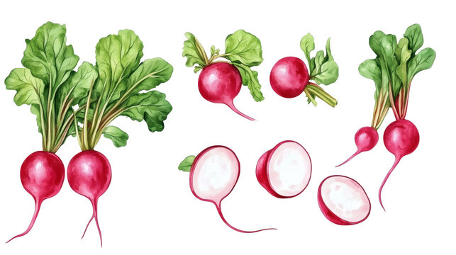 Watercolor set of fresh red radishes with leafy tops and sliced rounds, isolated on black background, botanical illustration for food, cooking, healthy eating, and gardening themes.