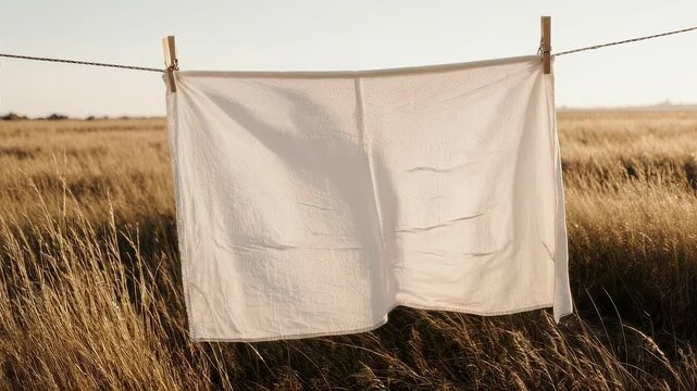 A white sheet hangs on a line, held by clothespins, against a golden field background