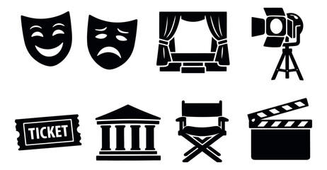 Fototapeta na wymiar Simple silhouette theater and film set featuring masks, stage, spotlight, and film production elements for entertainment industry