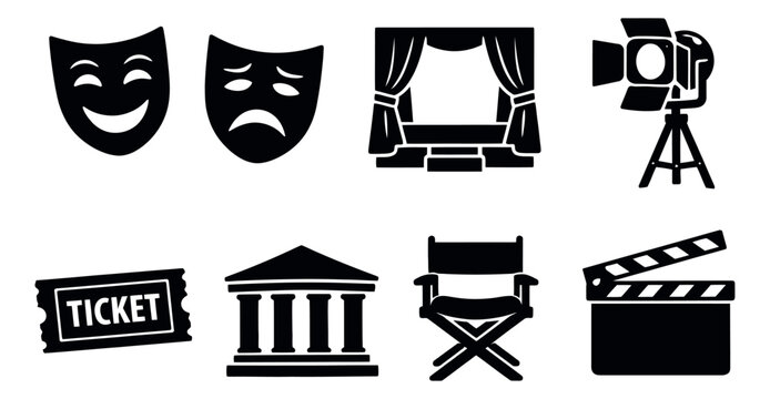 Simple silhouette theater and film set featuring masks, stage, spotlight, and film production elements for entertainment industry