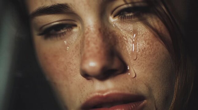 Woman Crying Tears of Sorrow and Pain.