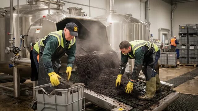 Medium shot of workers operating a tote transport system to carefully lift and remove wet spent grain from the mash tun to loading areas.